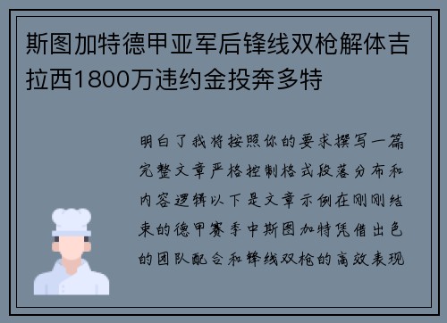 斯图加特德甲亚军后锋线双枪解体吉拉西1800万违约金投奔多特