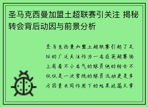圣马克西曼加盟土超联赛引关注 揭秘转会背后动因与前景分析 圣马克西曼加盟土超联赛引关注 揭秘转会背后动因与前景分析