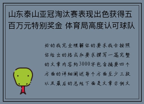山东泰山亚冠淘汰赛表现出色获得五百万元特别奖金 体育局高度认可球队努力