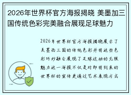 2026年世界杯官方海报揭晓 美墨加三国传统色彩完美融合展现足球魅力 2026年世界杯官方海报揭晓 美墨加三国传统色彩完美融合展现足球魅力