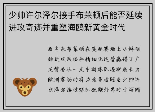 少帅许尔泽尔接手布莱顿后能否延续进攻奇迹并重塑海鸥新黄金时代 少帅许尔泽尔接手布莱顿后能否延续进攻奇迹并重塑海鸥新黄金时代